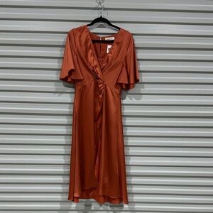 Satin Rust Midi Dress with Flutter Sleeves and Twist Front